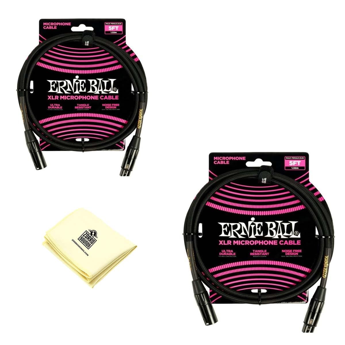 Ernie Ball Braided XLR Microphone Cable with Zorro Polishing Cleaning Cloth in Black - Pa…