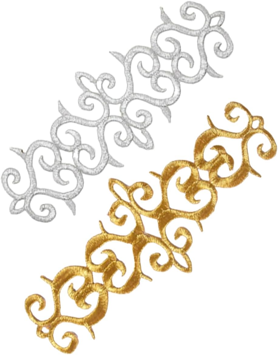 10 Pieces Celtic Metallic Embroidered Applique Scrolled Iron on Patches Vine Border Lace Fringe Edge for Medieval Costume Wedding Dress Pillow Sewing Accessories (Gold)