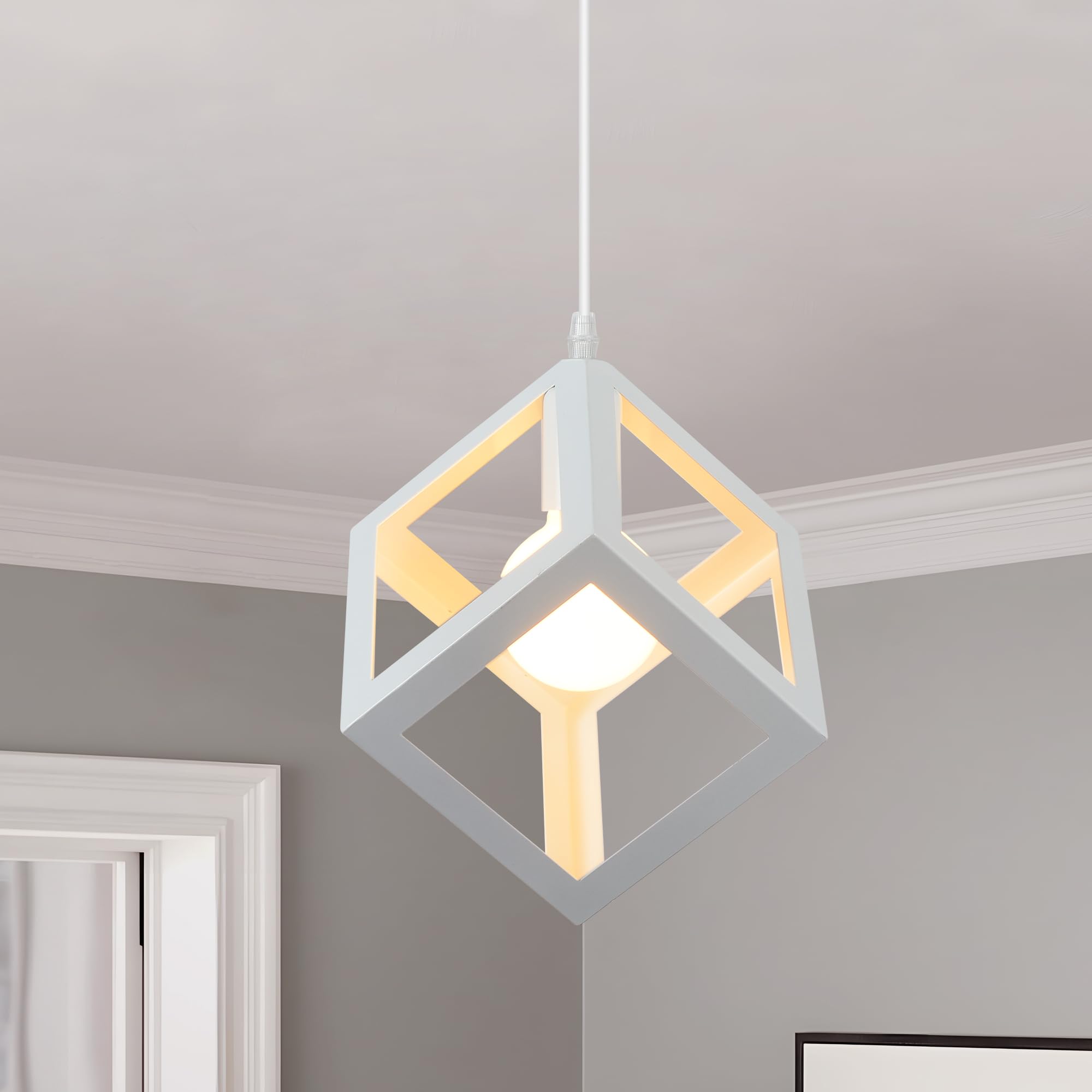 Osairous Lampara Colgante Vintage, Lamparas de Techo Salon en Forma de Cubo, Lampara Techo Colgante de Metal Moderno E27, Blanco Lámpara Colgante para Dormitorio Comedor Cocina