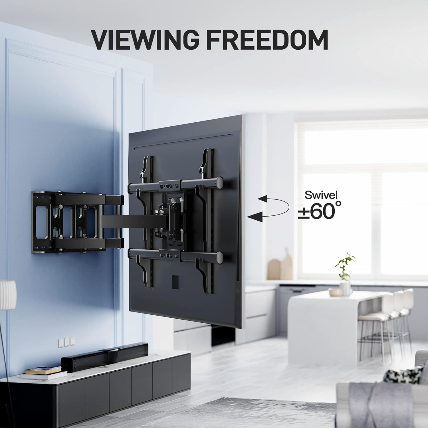 Image illustrating the swivel function of the PERLESMITH TV mount, showing the TV extended from the wall and rotated to an angle, with an indicator for ±60 degree swivel.