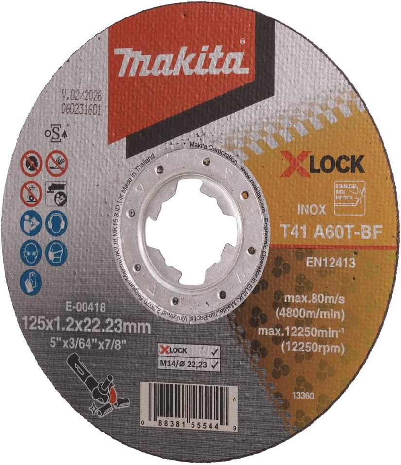Makita E-00474 X-Lock 5" x .045" x 7/8" Type 1 General Purpose 60 Grit Thin Cut‑Off Wheel for Metal and Stainless Steel Cutting