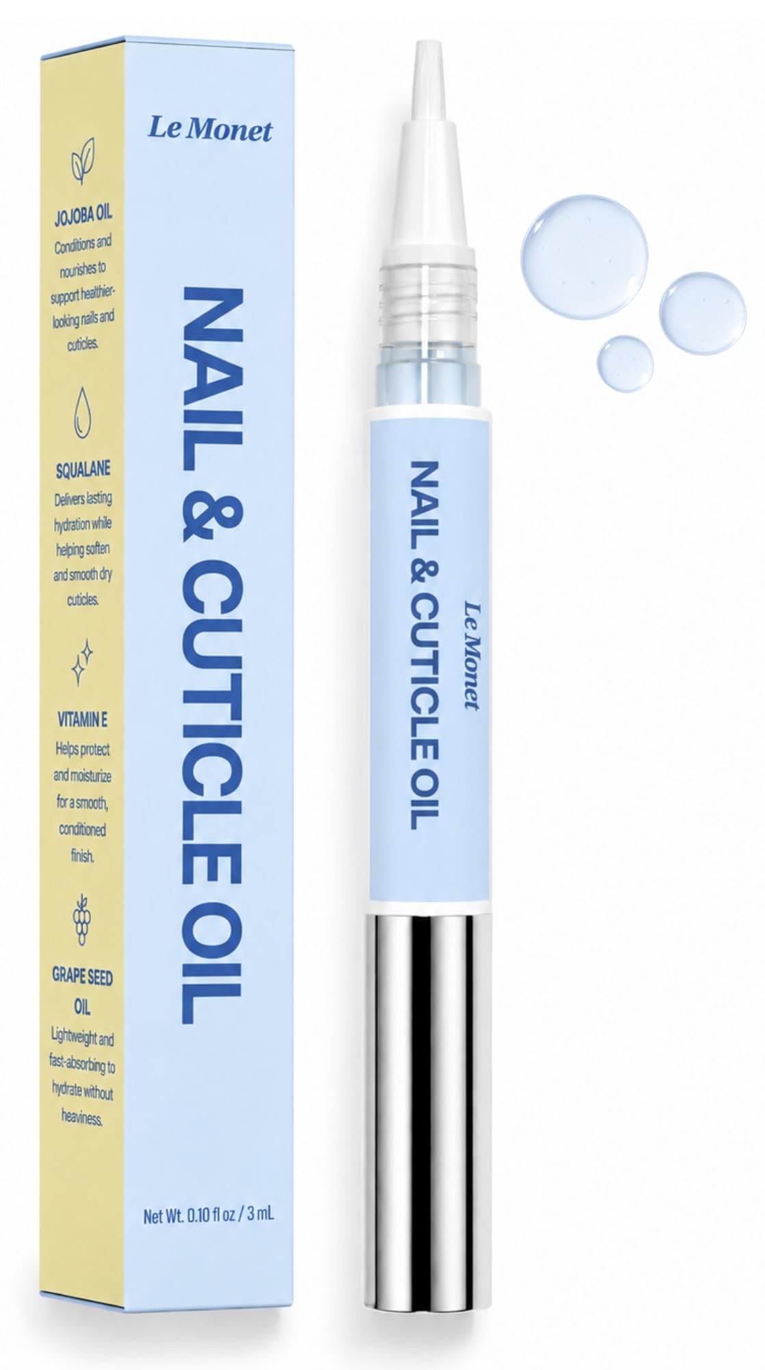 Le Monet Nail & Cuticle Oil Pen, Jojoba, Squalane, Vitamin E, Vanilla, 3 mL