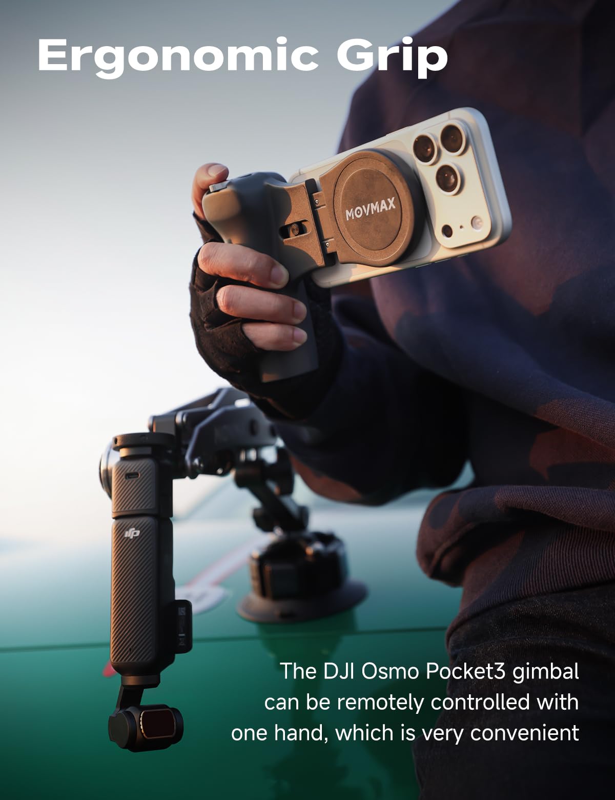 MOVMAX Pocket Controller mit Aufbewahrungstasche für DJI Osmo Pocket 4/3/2, kabellose Bluetooth-Fernbedienung mit Hall-Joystick, MagSafe-Handyhalterung und schützender Tragetasche