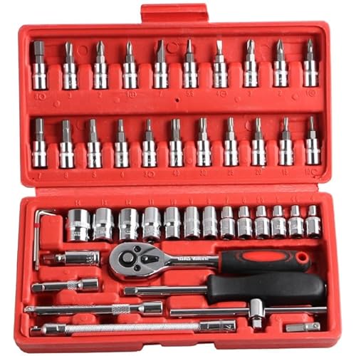 GJ 46 Piece 1/4" Drive Socket Ratchet Wrench Bit Repair Tool Kit - Ideal for Automotive Repairs, Mechanics, Chrome Vanadium Steel, Ergonomic Design, Quick-Release Ratchet Handle, Portable Case