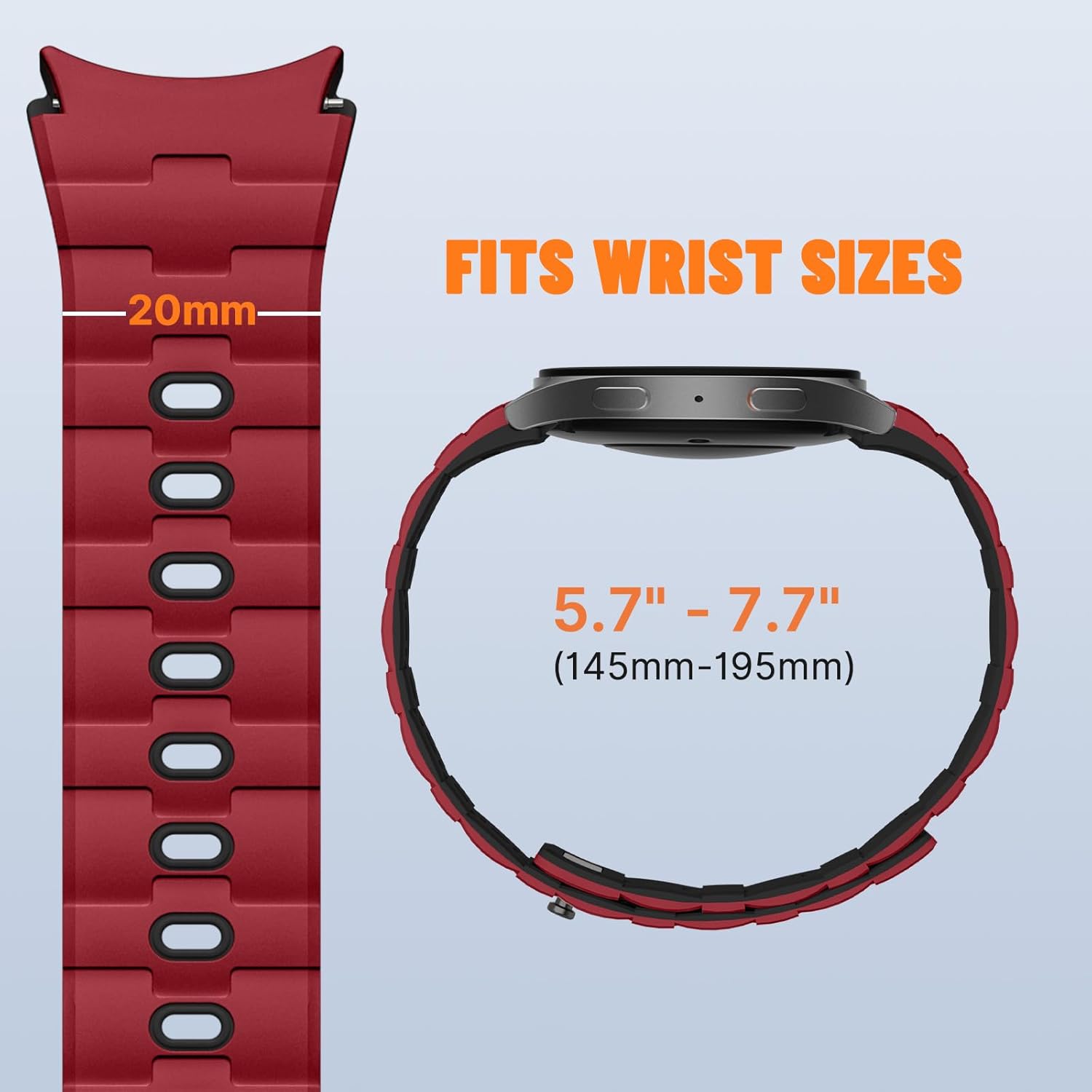 Bandletic 20mm No Gap Breathable Magnetic Silicone Band for Men Compatible with Samsung Galaxy Watch 7 6 5 4 FE 40mm 44mm/for Galaxy Watch 6 4 Classic 43mm 47mm 42mm 46mm/Watch 5 Pro 45mm, Red/Black - Image 4