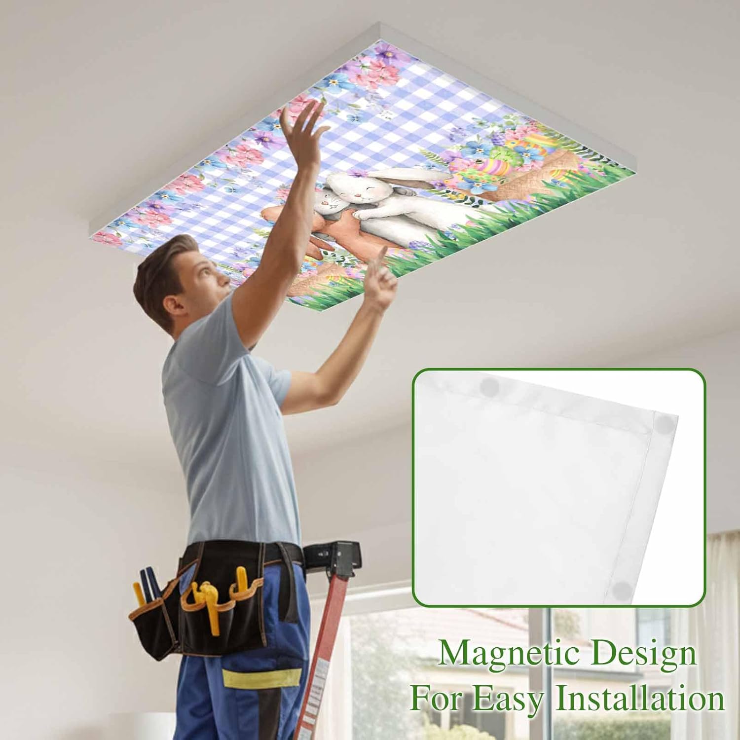 Easter Bunny Fluorescent Light Covers for Ceiling Lights 4x2 feet,4 Pack Magnetic Light Filters for Classroom,Cute Rabbits Colorful Eggs Flower Purple Plaid Fluorescent Lamp Shade Panel for Office