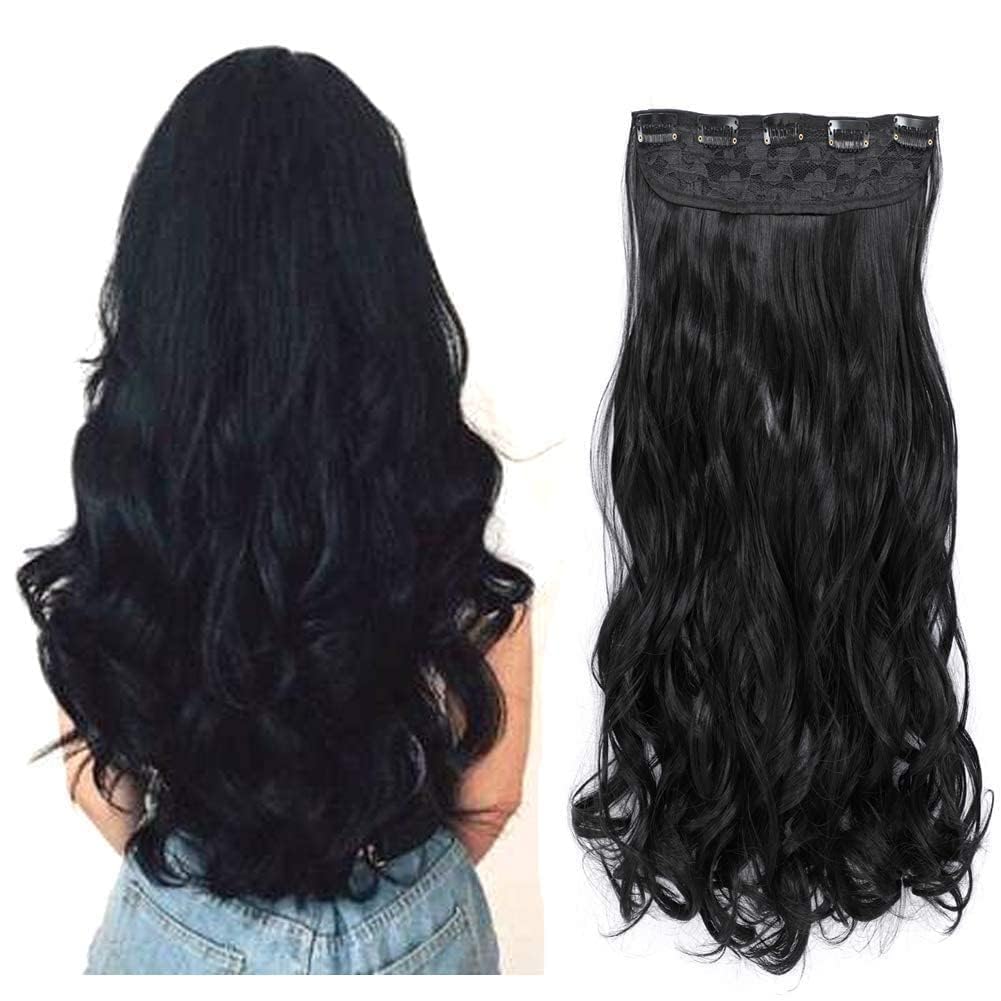 D-DIVINE Black, 5 Clips 22″ Curly/Wavy Hair Extension Natural Black,1-pack 3/4 Full Head Curly Wave Clips in on Synthetic Hair Extensions, Black