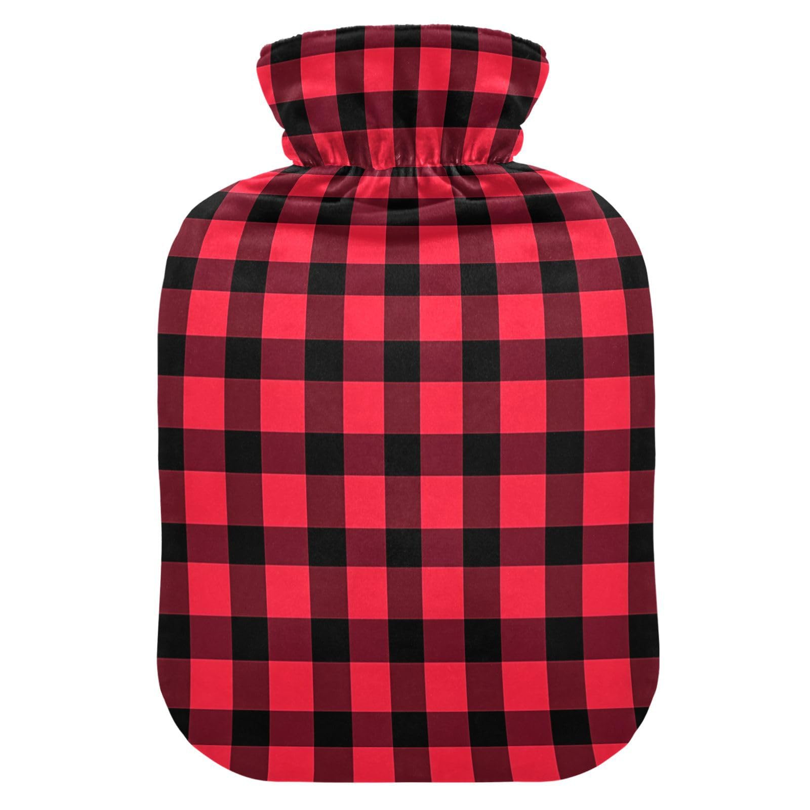 YNNALE Red and Black Buffalo Plaid Hot Water Bottle with Cover, 2Liter Soft Velvet Winter Warm Water Bag for Neck and Shoulder Pain Relief Period Cramps Bed Hand Feet Warmer