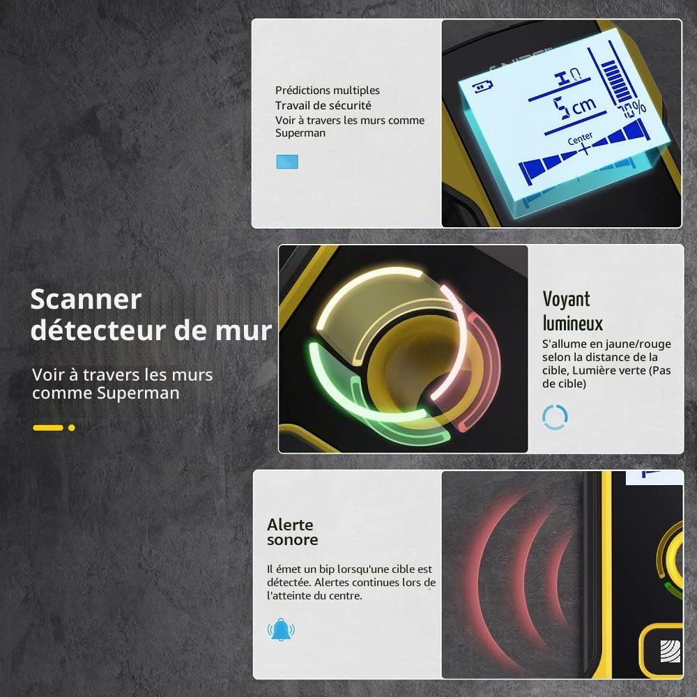 DollaTek, Détecteur de métal, scanner mural avec trou de positionnement de nouveau design pour fils de câbles vivants AC, détection de métal, bois et broches