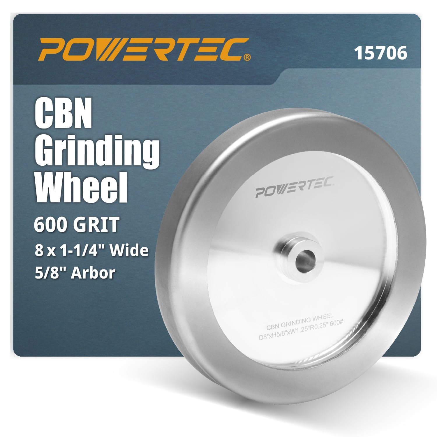 POWERTEC CBN Grinding Wheel 8 Inch 600 Grit, 1-1/4" Wide, 5/8" Arbor – 4-in-1 CBN Sharpening Wheel with 1/4" Radius Edge and Side Face for Bench