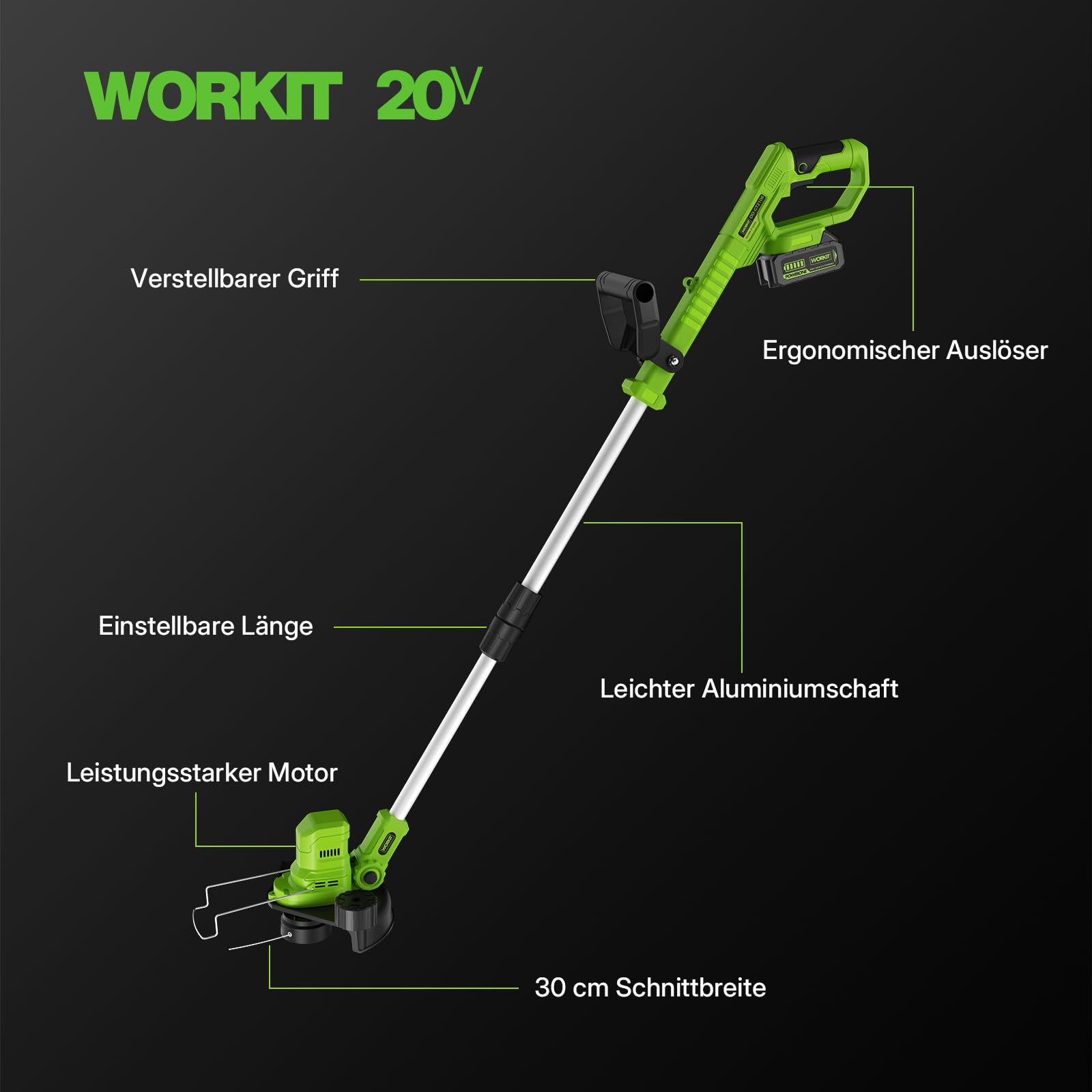 WORKIT 20V Akku Rasentrimmer mit Akku und Ladegerät, 2-in-1 Freischneider Akku, Bürstenloser Motor, inkl. 2x 4,0 Ah Akkus, Teleskopstiel für Unkrautentfernung, Gartenpflege Set