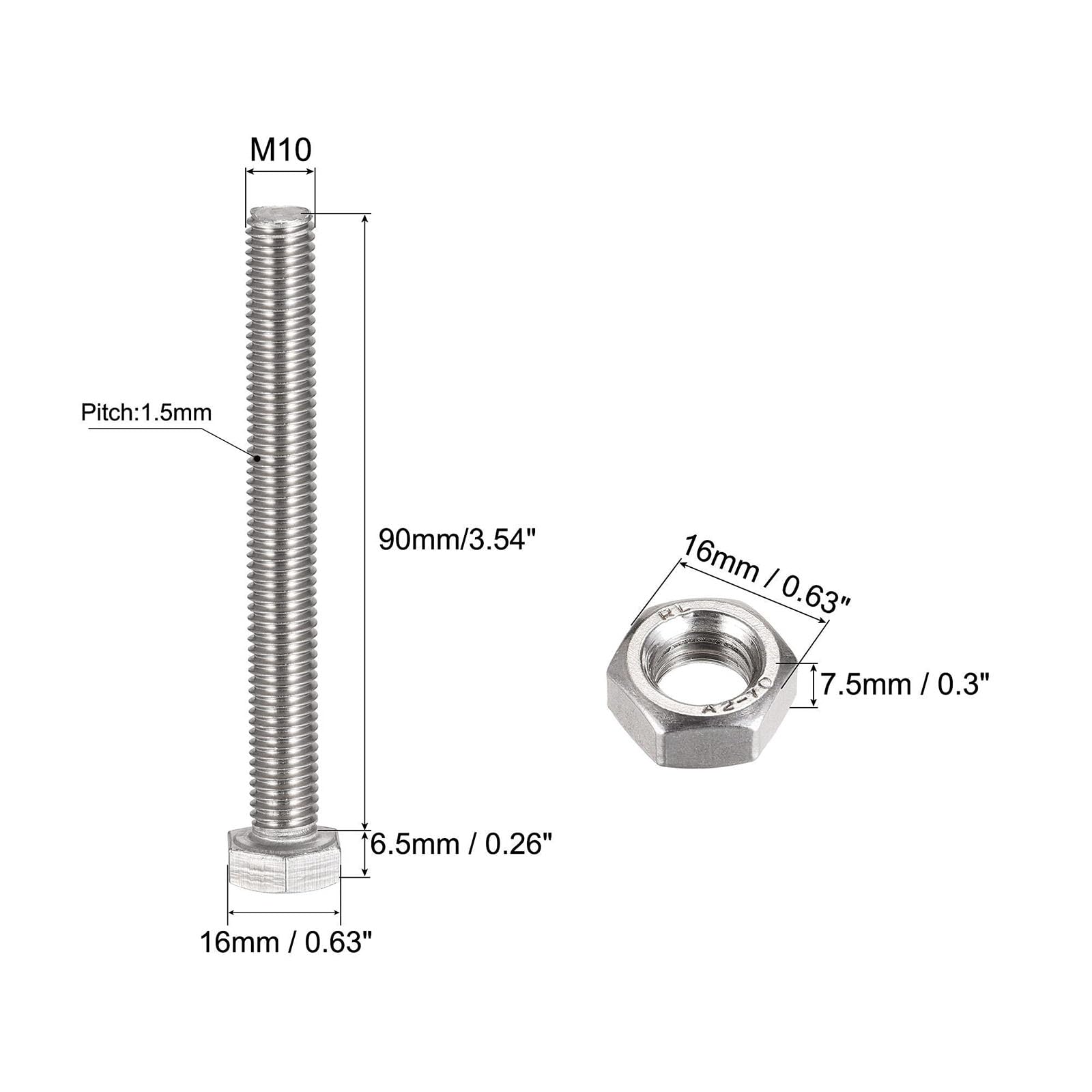 TOP-VIGOR 4Pcs M10 x 90mm Hex Head Screws Bolts, Nuts, Flat & Lock Washers Kits - Image 2
