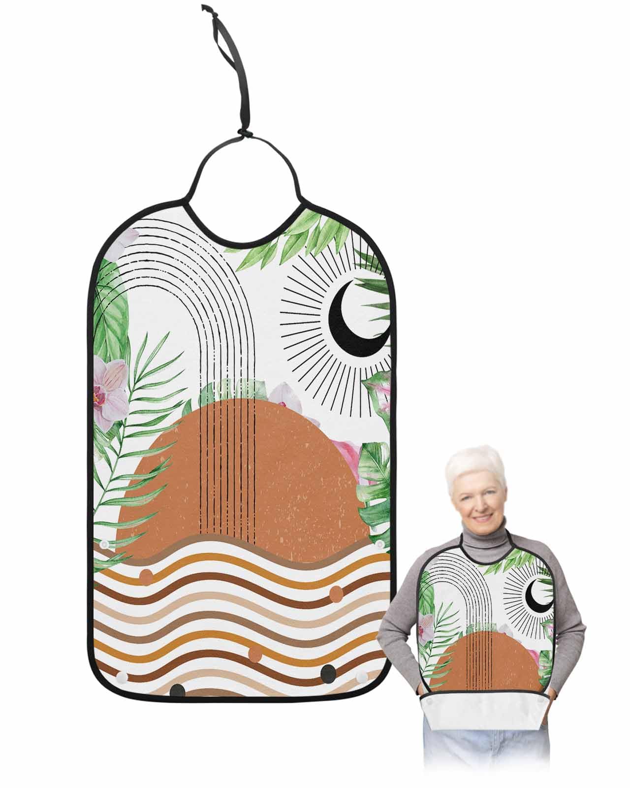 LEOKOTI Brown Geometric Adult Bibs for Eating, Waterproof Bibs with Food Catcher & Adjustable Snap Closure, Modern Abstract Art Summer Botanical Washable Clothing Protectors Adult Bibs for Elderly