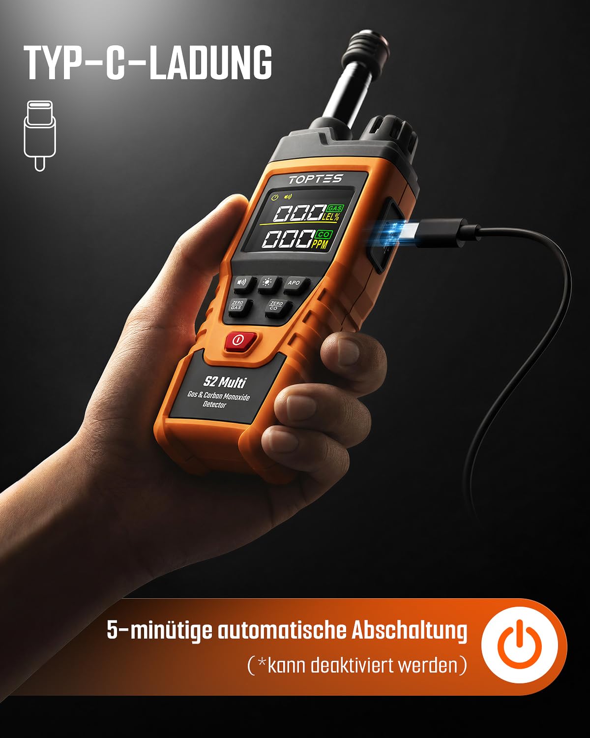 TopTes S2 Multi Gasmelder & Kohlenmonoxid Melder für Erdgas (Orange)