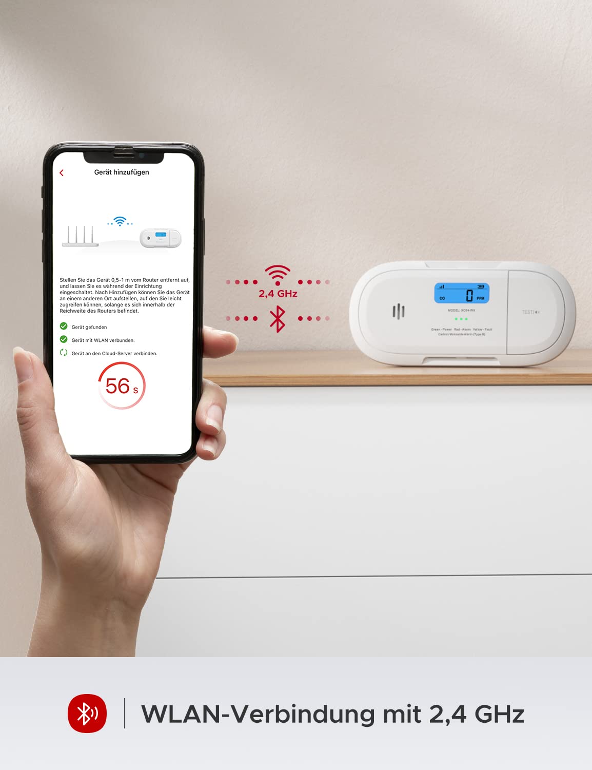 X-Sense Smart-Kohlenmonoxidmelder, WLAN-Kohlenmonoxidmelder, Echtzeit-Push-Benachrichtigungen über X-Sense Home Security-App, austauschbare Batterie, freistehendes Design, XC04-WX