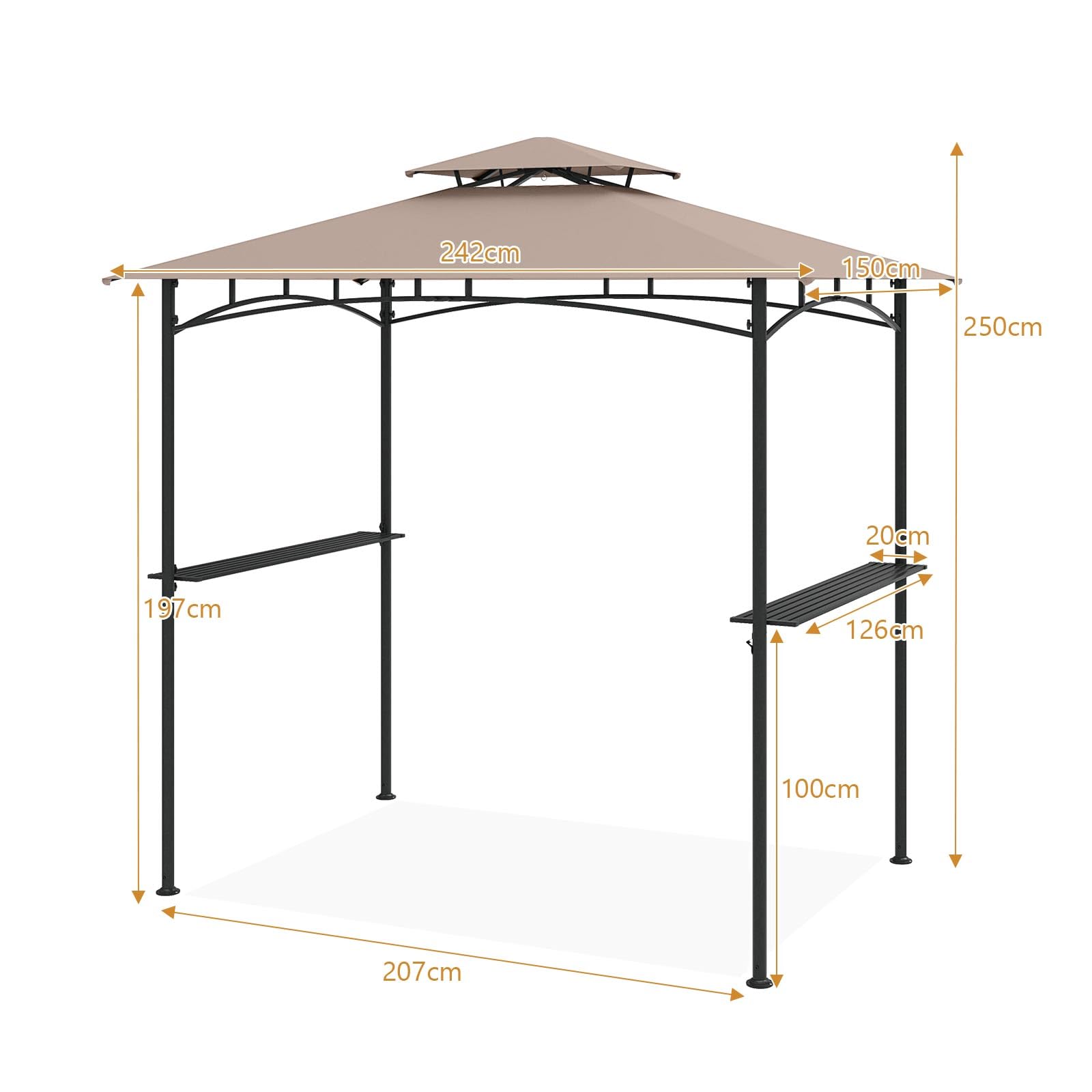 KOMFOTTEU Carpa de Barbacoa con Doble Techo 242 x 150 x 250 cm, Cenador para Jardín con 2 Mesa de Bar y 6 Ganchos, Pérgola de BBQ con Marco de Metal, para Terraza Fiesta Picnic (Marrón)