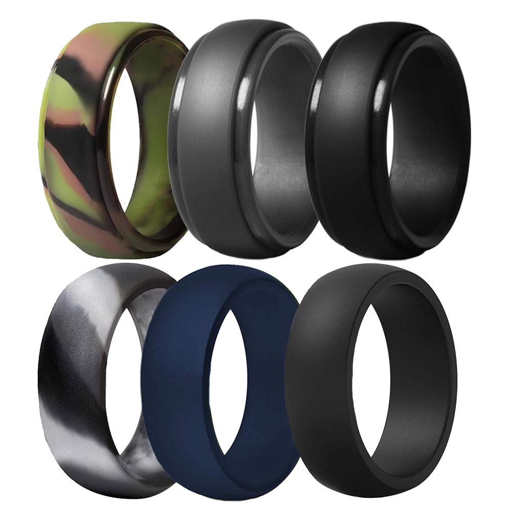 Silicone Wedding Ring for Men, 6 Pack Breathable Silicone Rubber Wedding Bands Durable Silicone Ring - 8.7 mm Wide(Camo,Navy Blue,Dark Grey,Black)