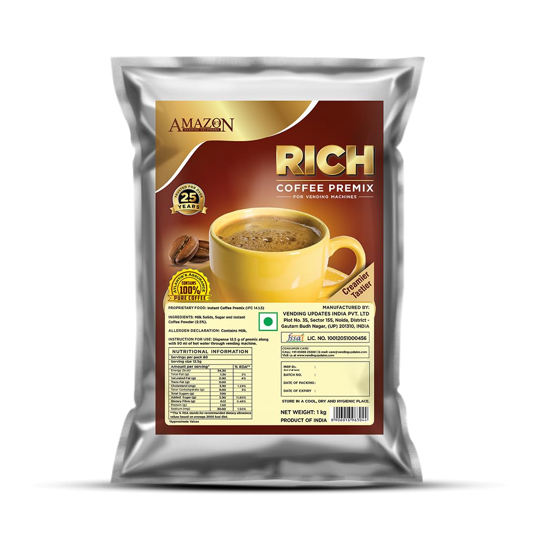 Amazon 3 in 1 Instant Rich Coffee Premix Powder 1 kg Pack for Vending Machine | Manual Use
