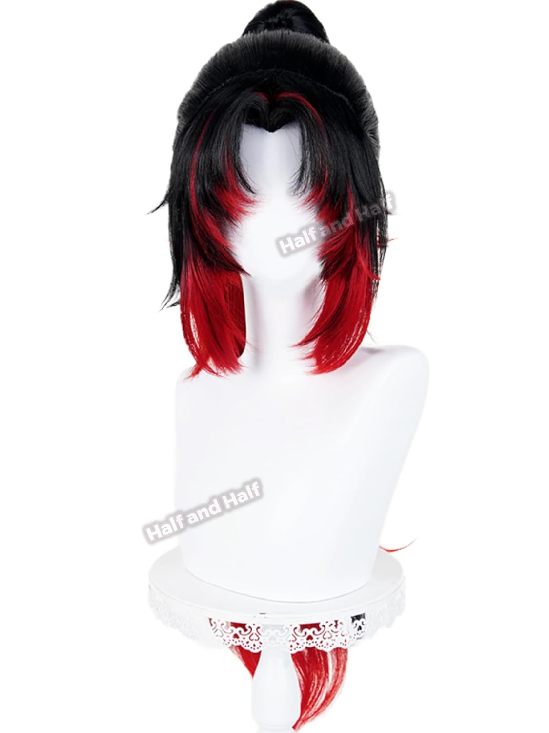 Yoriichi Tsugikuni Wig for Kokushibo Cosplay 31.5'' Red and Black Demon Anime Ponytail Wigs for Warrior & Ghost Women Men Unisex Halloween Party Costumes