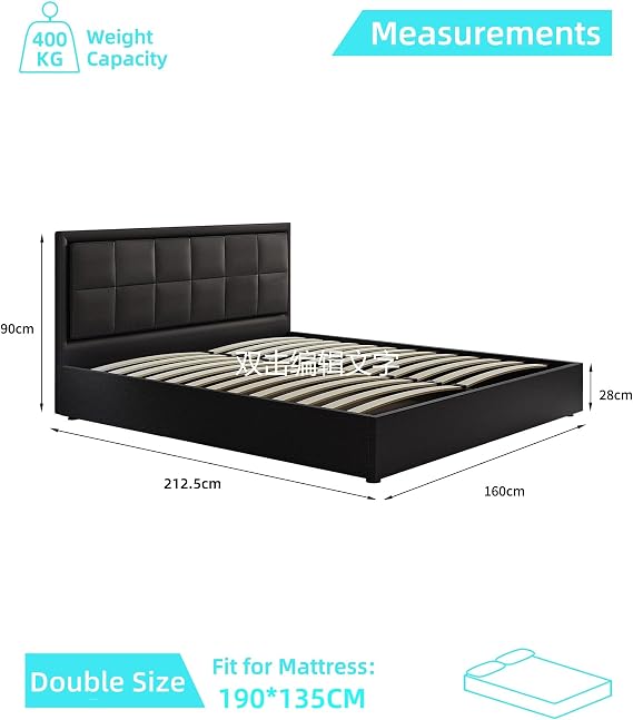 Bed Frame with Storage 4FT6 Double Ottoman Gas Lift Storage Bed Frame,Black | Faux Leather Bed, LED Double Bed for Bedroom Home