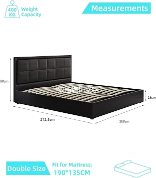 Bed Frame with Storage 4FT6 Double Ottoman Gas Lift Storage Bed Frame,Black | Faux Leather Bed, LED Double Bed for Bedroom Home