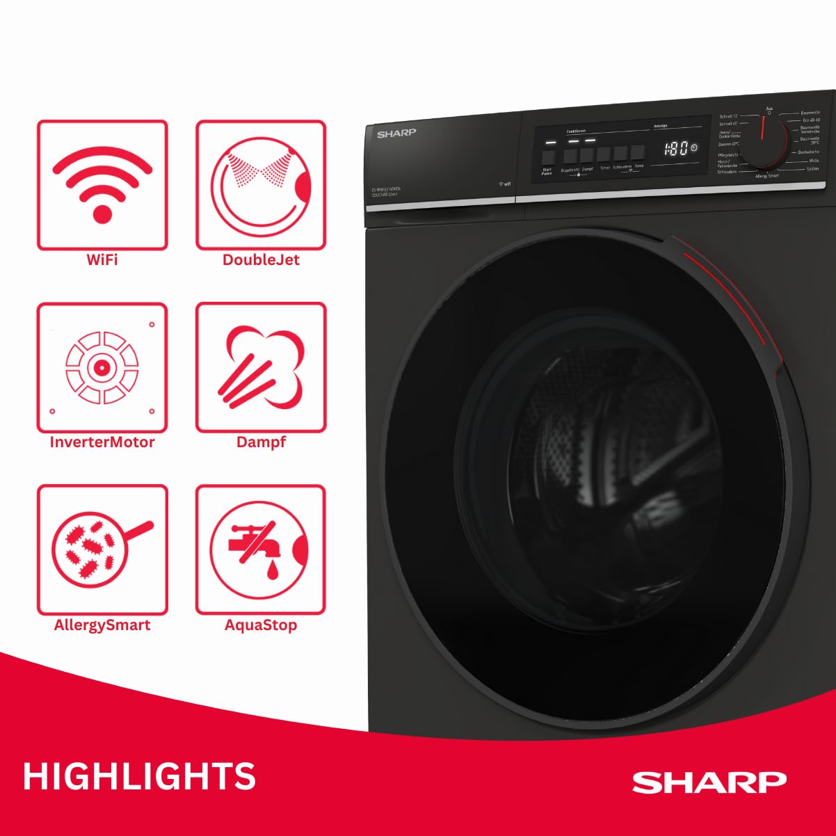 SHARP ES-WNFB214CMDA-DE Waschmaschine (12 kg, EEK A-20%, 1400 U/min.), (WiFi, Inverter Motor, Dampf, AquaStop), Mattschwarz