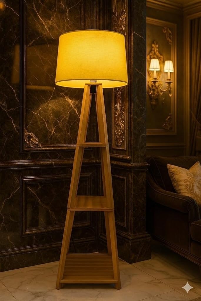 Wooden Floor Lamp with 3 Storage Shelves Natural Wood Finish Standing Lamp with Beige Fabric Shade for Living Room Bedroom Corner Shelf Lamp Modern Home Decor Lighting-image-1