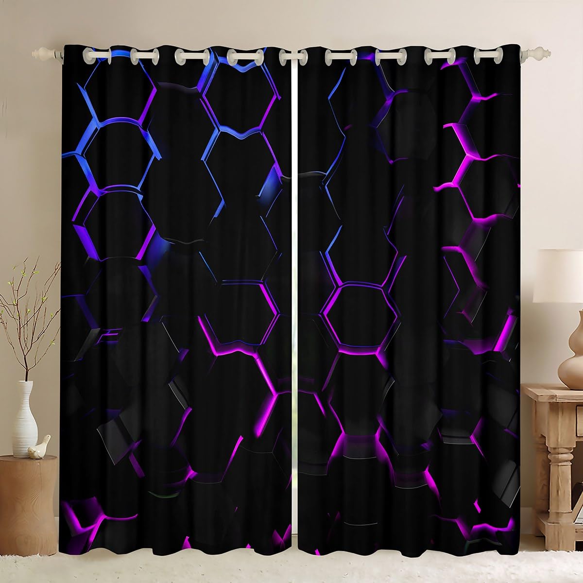 Homewish 3D Hexagonal Black Window Curtains 2 Panel Sets 52 x 63 Inch, Modern Geometric Honeycomb Blackout Curtains for Bedroom Living Room, Abstract Gradient Purple Blue Window Treatments Drapes