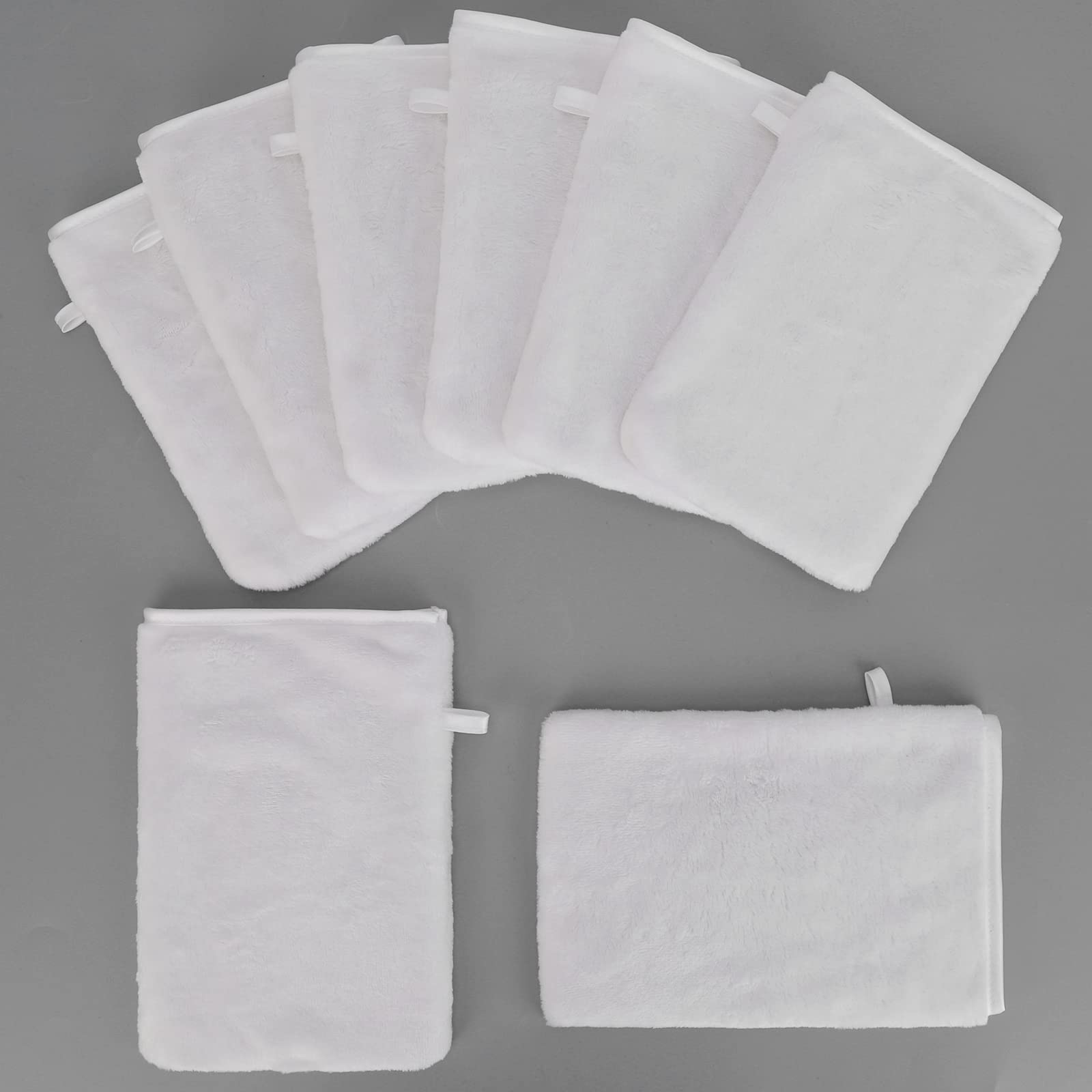 PHOGARY Paquete de 8 Guantes de baño de Microfibra, Guantes de Franela, Tela de baño SPA, Guantes Reutilizables, 15x21 cm, Blanco