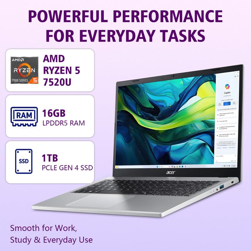 Image of Acer Aspire 3 15.6 inch Touchscreen Laptop, AMD Ryzen 5 7520U, 16GB LPDDR5 RAM, 1TB SSD, FHD IPS Display, Wi-Fi 6, USB-C, Windows 11 Pro, Office 2021, Mouse & Hub