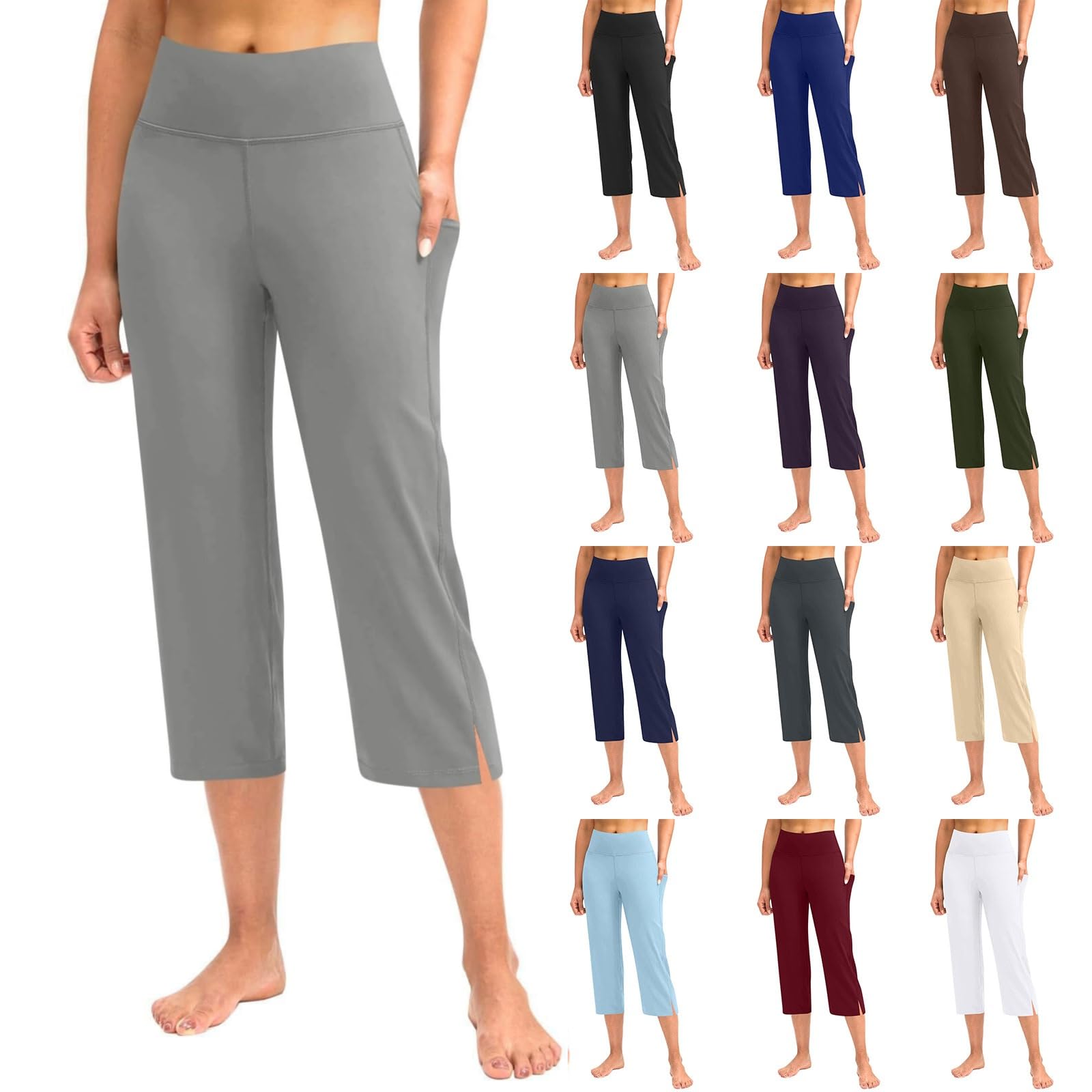 Miyaomn Capri Pants for Women Casual Work Bootcut Crop Yoga Pants with Pockets Tummy Control High Waisted Side Slit Leggings