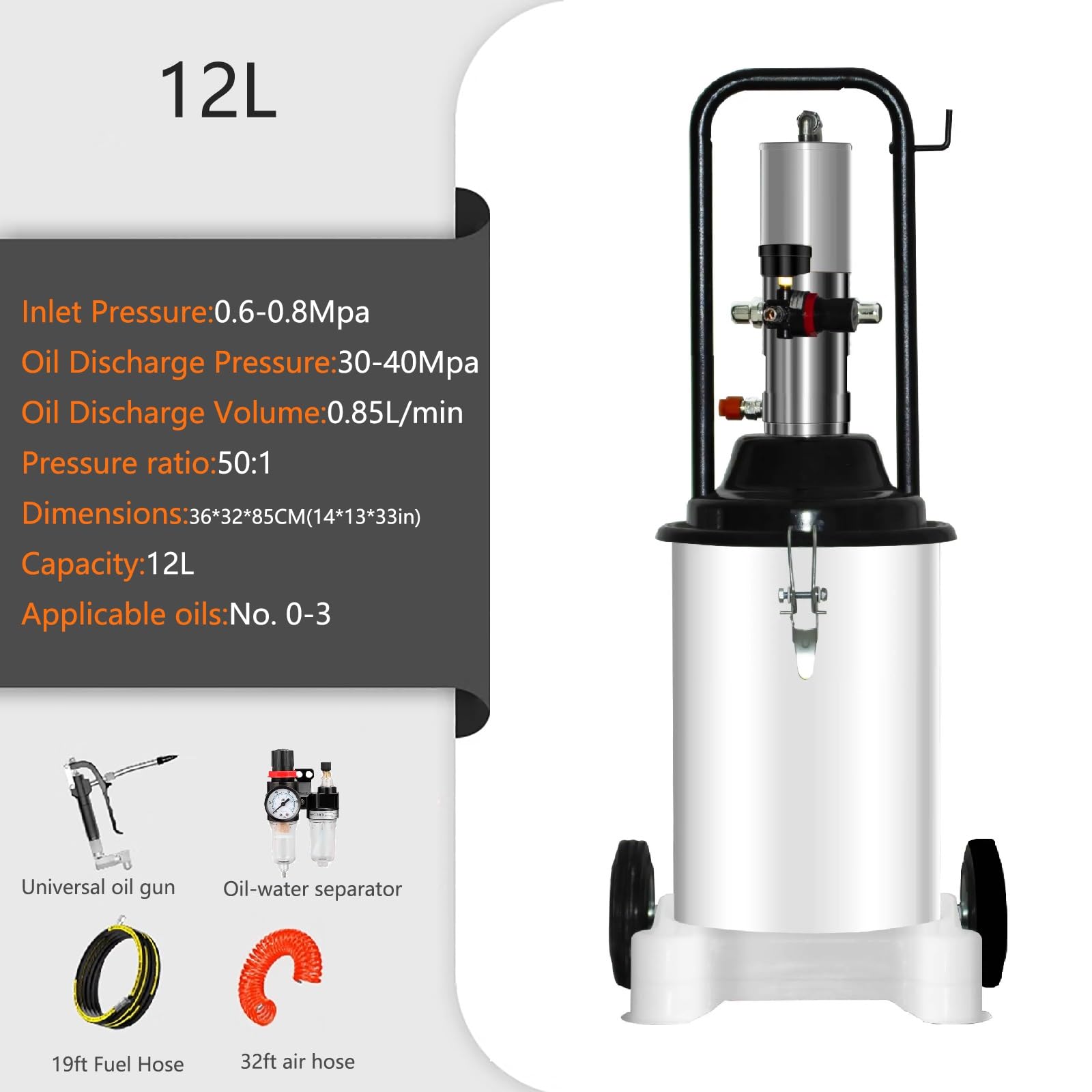 Bomba de grasa neumática con ruedas, capacidad de 12 litros, separador de aceite y agua, ideal para lubricación automotriz y maquinaria grande