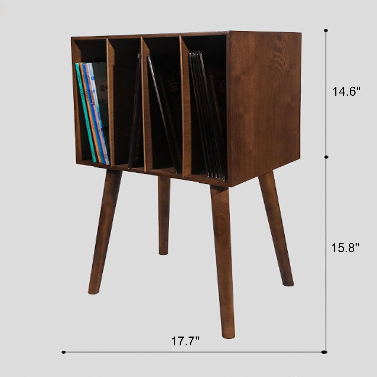 Supporto per giradischi in legno, tavolo per giradischi in vinile con 4 armadietti per contenere 100 album, supporto girevole metà secolo con gambe in legno, mensola per esporre dischi per camera da