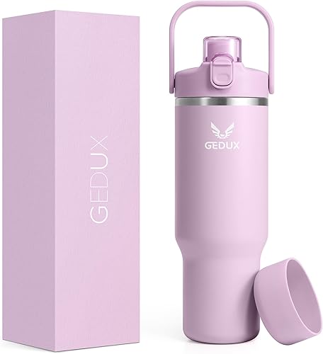 Gedux Vaso de acero inoxidable de 32 onzas con asa y pajilla, botella de agua aislada al vacĂo con tapa 2 en 1 (tapa para bebertapa con pajilla) y Gedux Vaso de acero inoxidable de 32 onzas con asa y pajilla, botella de agua aislada al vacĂo con tapa 2 en 1 (tapa para bebertapa con pajilla) y