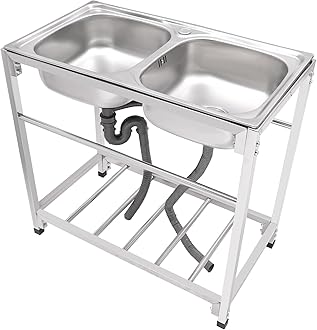 2-Tier Utility Laundry Sink, Kitchen Double Bowl Sink with Outlet Pipes Laundry Hand Washing Station Adjustable Height, Stainless Steel Freestanding Sink, No Faucet(32.7×17.3×30.3in)