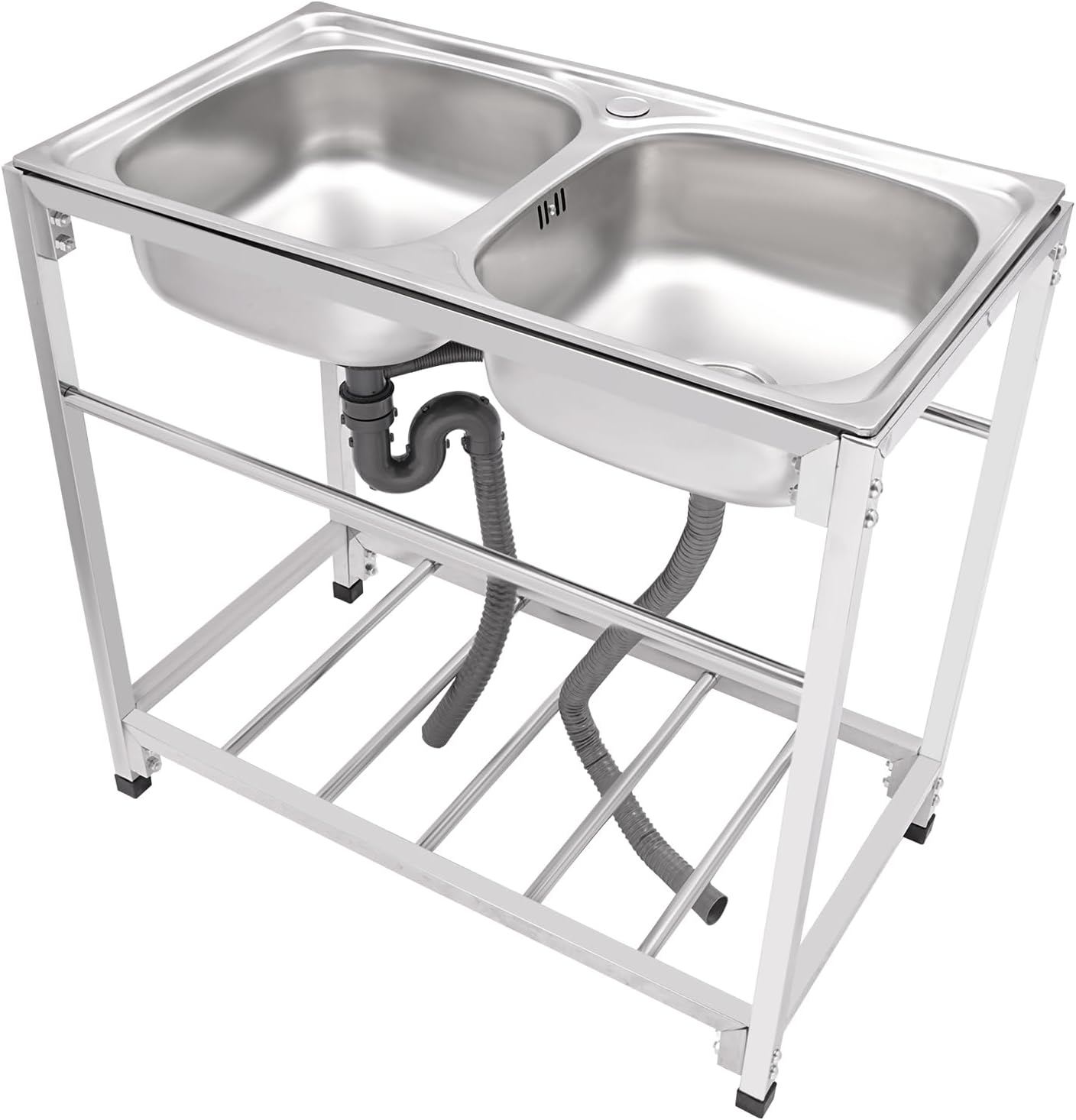 2-Tier Utility Laundry Sink, Kitchen Double Bowl Sink with Outlet Pipes Laundry Hand Washing Station Adjustable Height, Stainless Steel Freestanding Sink, No Faucet(32.7×17.3×30.3in)