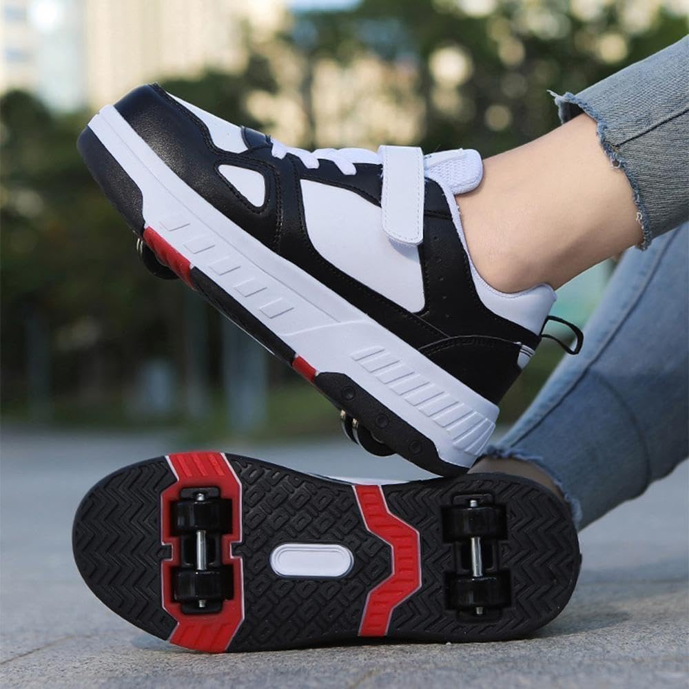 Buty z rolkami, opuszczane, techniczne buty skateboardowe, buty sportowe, dziecięce wrotki, buty sportowe dla chłopców i dziewczynek, 4 wrotki, czarne, rozmiar 32 UE