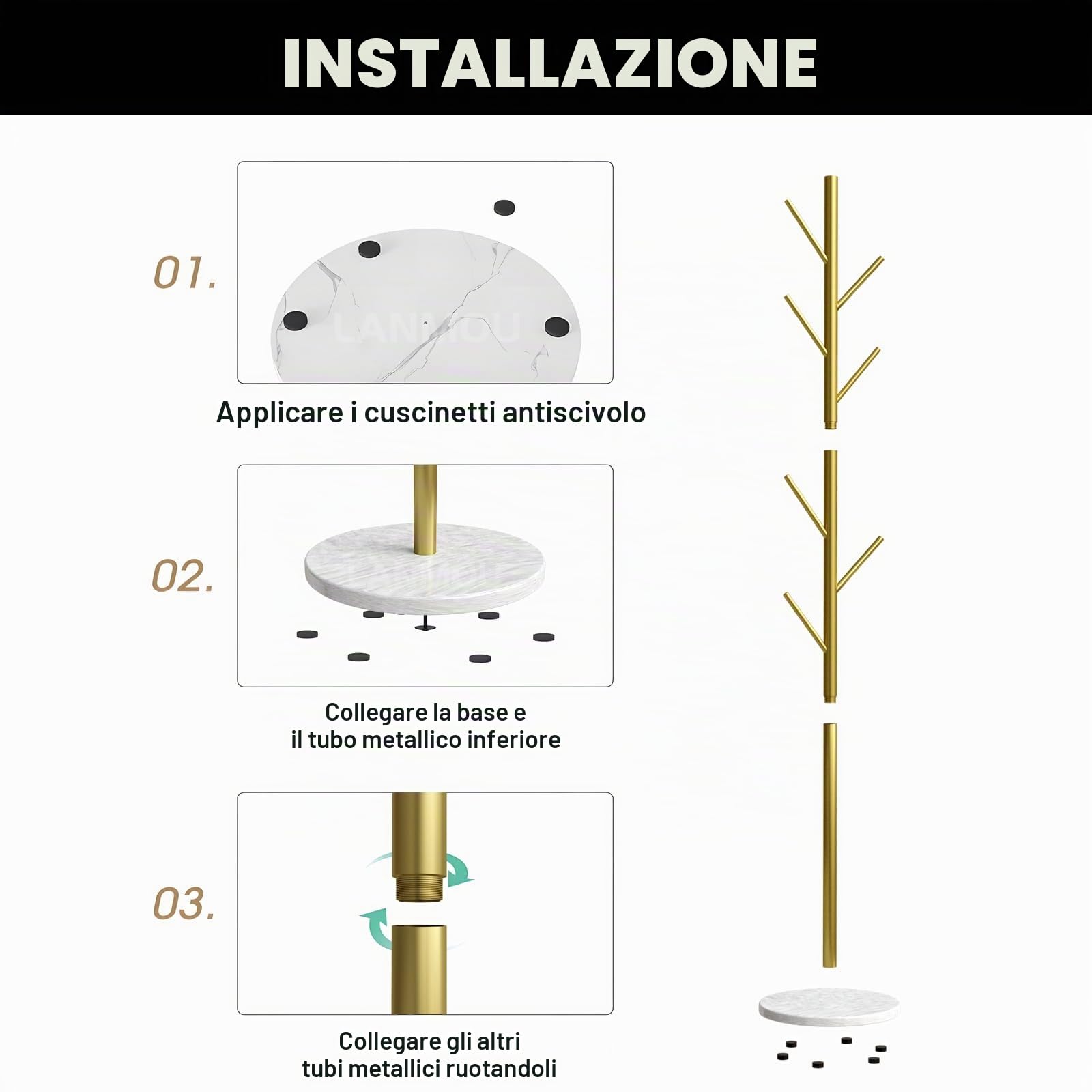 Appendiabiti da Terra Moderno, Metallo, Base In Marmo, 170 cm, Oro | Stabile, Salvaspazio, 7 Ganci Per Cappotti, Cappelli, Borse In Poco Spazio, Per Ingresso, Camera da Letto, Soggiorno, Ufficio