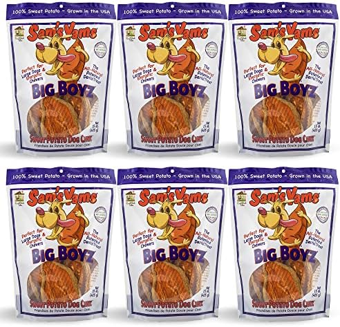 Sams Yams Sweet Potato Dog Treats, Healthy Dog Treats for Large Dogs - Sweet Potato Dog Treats Made in USA, High Fiber, Vegan Dental Chews - Big Boyz, Sweet Potato Dog Chewz, 15oz (Pack of 6)