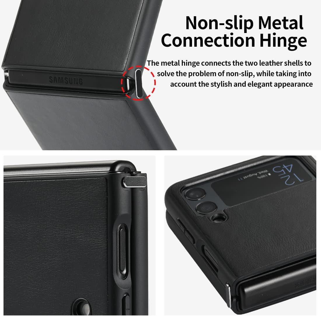 KEZiHOME Genuine Leather Cellular Phone Case, Compatible with Galaxy Z Flip 4, Slim Thin Shockproof Protective Cover, Black