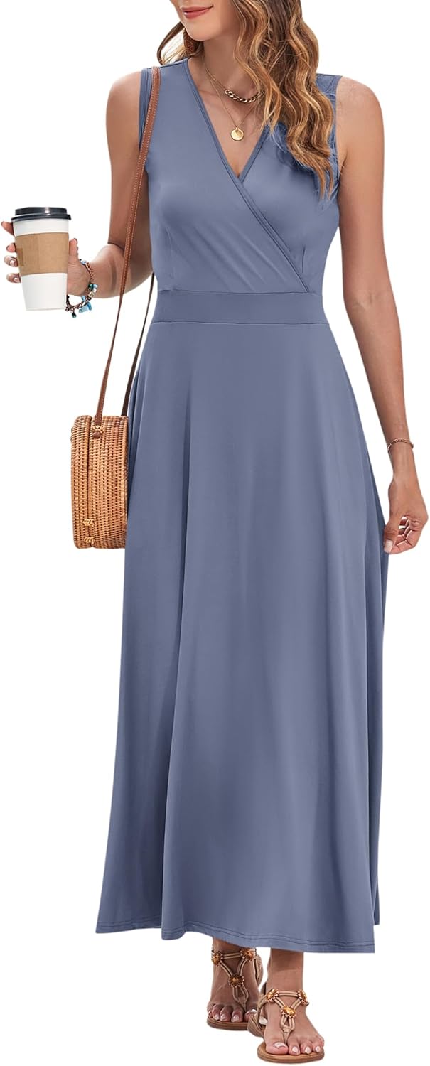 AUSELILY Women's Maxi Dress 2026 Summer Casual Sleeveless Sundress V Neck Wrap Vacation Cocktail Long Dresses with Pockets - Image 3