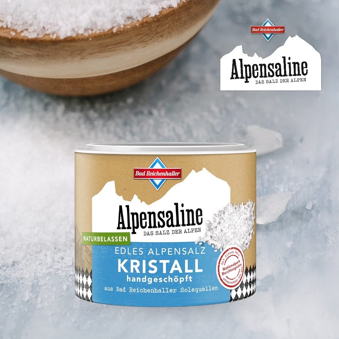 Bad Reichenhaller Alpensaline Edles Alpensalz Kristall 4x100g | Premium Salzkristalle handgeschöpft Naturbelassen Manufakturprodukt | handarbeit Natursole