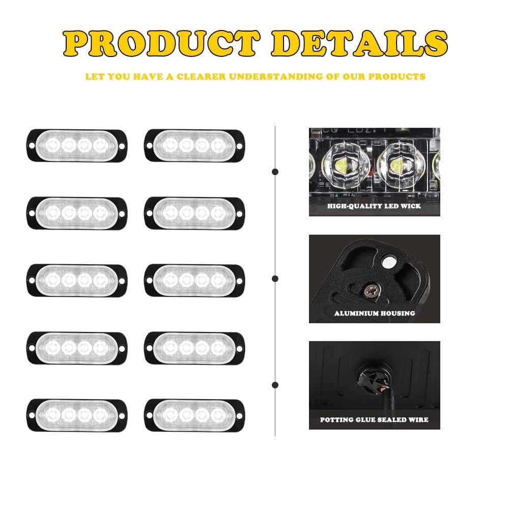 10pcs 4LED Blanco Luz de Advertencia Super Brillante Barra de Luz Estroboscópica 18 Modo Flash Para Coche Camión Pickup SUV Off Road Coche de Policía 12-24V