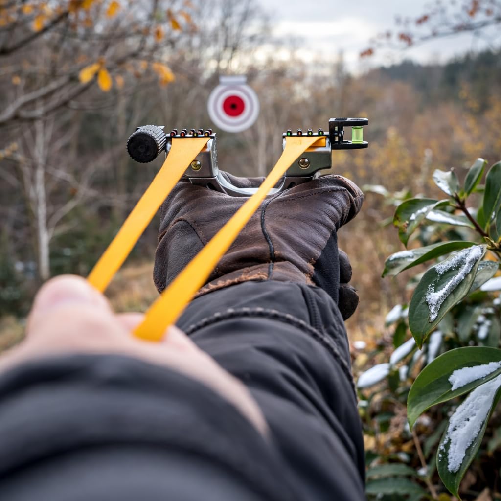 Profi Schleuder mit Zubehör – Slingshot Set mit Tonkugeln, Holzgriff, Wasserwaage, Ersatzgummi und Schild & Tragetasche – Hochwertige Zwille für Outdoor, Sport, Training & Survival