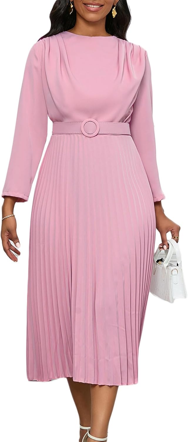 Famnbro Womens Work Dress Long Sleeve A line Church Formal Elegant Office Business Dresses with Belt