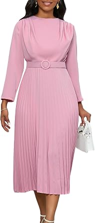 Famnbro Womens Work Dress Long Sleeve A line Church Formal Elegant Office Business Dresses with Belt