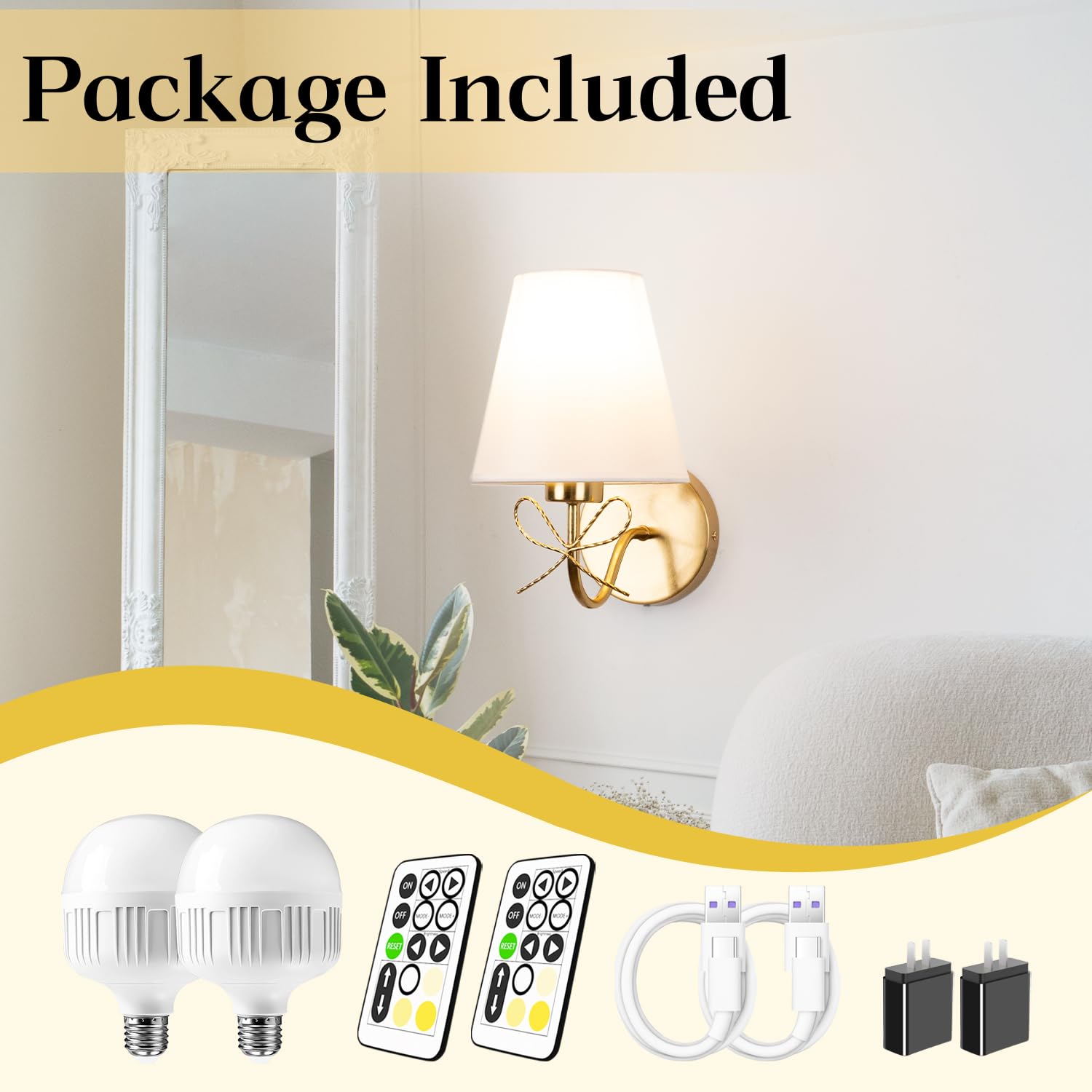 Mesuz Battery-Operated Wall Sconces Set Of 2 - Remote Control, Rechargeable, Dimmable 2700K-6000K LED Bow Lights For Nursery & Bedroom