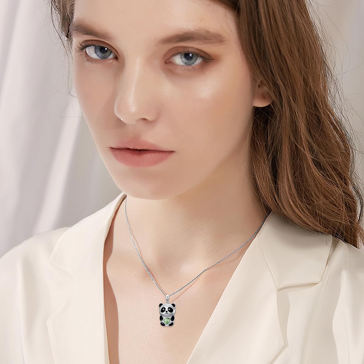 Panda Necklace for Women Cute Panda Animal Necklace with Heart Green Crystal Sterling Silver Jewelry Gifts - Image 2