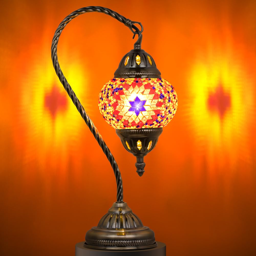 Photo 1 of Marrakech Tiffany Lamp Turkish Table Lamps with Vintage Style, Handmade Moroccan Mosaic Lamp with Swan Neck Bronze Base Including LED Bulb for Living Room Bedroom Decor (Orange)