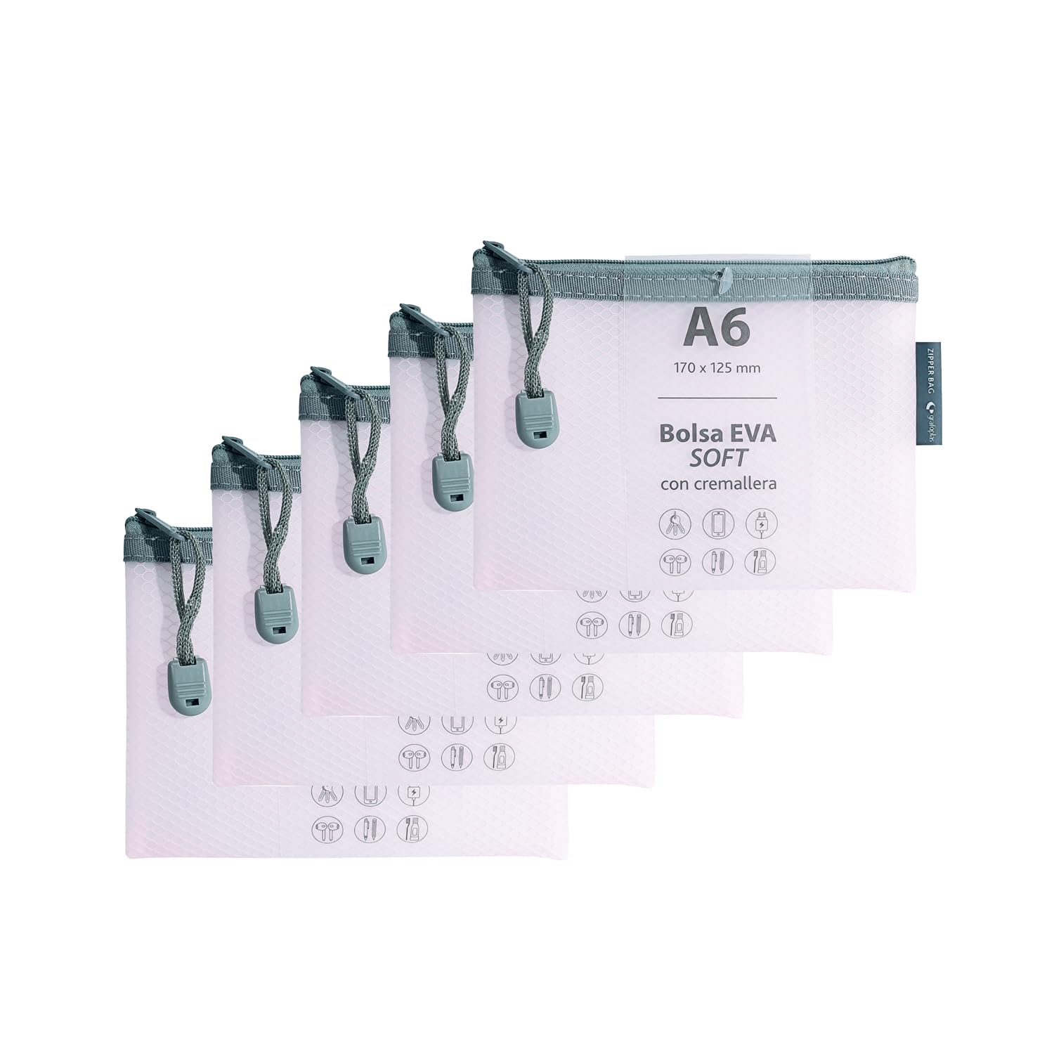 Grafoplas Pack de 5 Bolsas con Cremallera EVA Soft a6, Rosa Pastel, Tacto Suave, Zipper Bags Hechas con Goma EVA Transparente, Ideal para Transportar y Proteger Todo Tipo de Artículos y Documentos